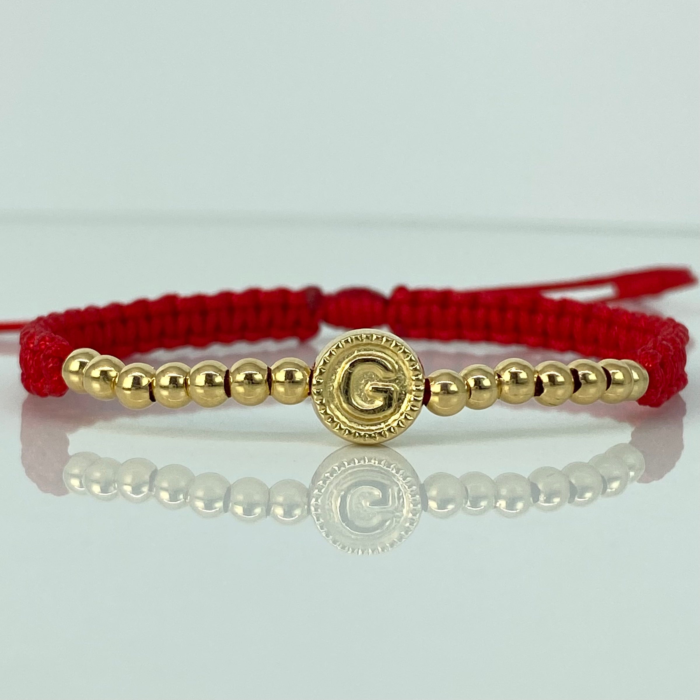 Pulsera tejida Herraje Letra G / BL 14uni 3mm / Hilo Rojo Oro amarillo 18k · 1,07 g